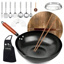 12.6'' Carbon Steel Wok Pan, 14 Piece Stir Frying Pans Set With Wooden-Zengb