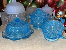 Higbee Glass Child’s Blue sugar Creamer Butter Dish Set Uv Glows!