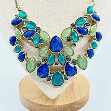 VTG Charter Club Gold Tone Statement Bib Necklace Blue Green Teal Resin Stones