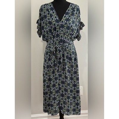 New Max Studio M Floral V-Neck Navy Midi Dress with Tie Waist 316