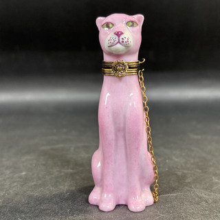 Vtg Limoges France Pink Big Cat Trinket Box Figurine Porcelain Gold Collar Chain