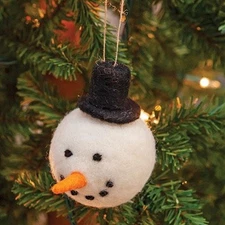 NEW PRIMITIVE SNOWMAN DOLL HEAD WOOL FELT Christmas 4"H x 3"W Hanger Top Hat