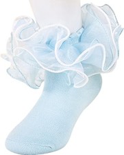 Women Big Ruffle Ankle Socks,Double Lace Turn Cuff 5-10.5 Light Blue