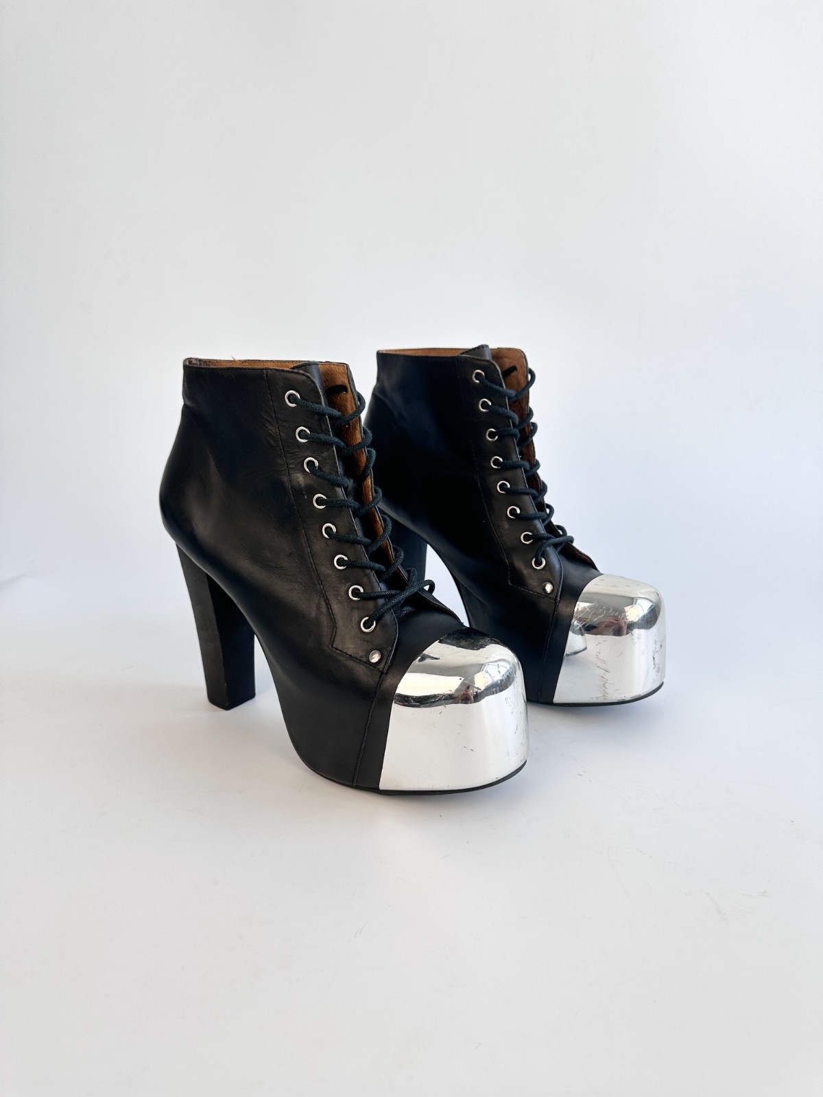 Jeffrey Campbell Lita Cap Silver Toe Platform Ankle Boots Black Leather Size 41