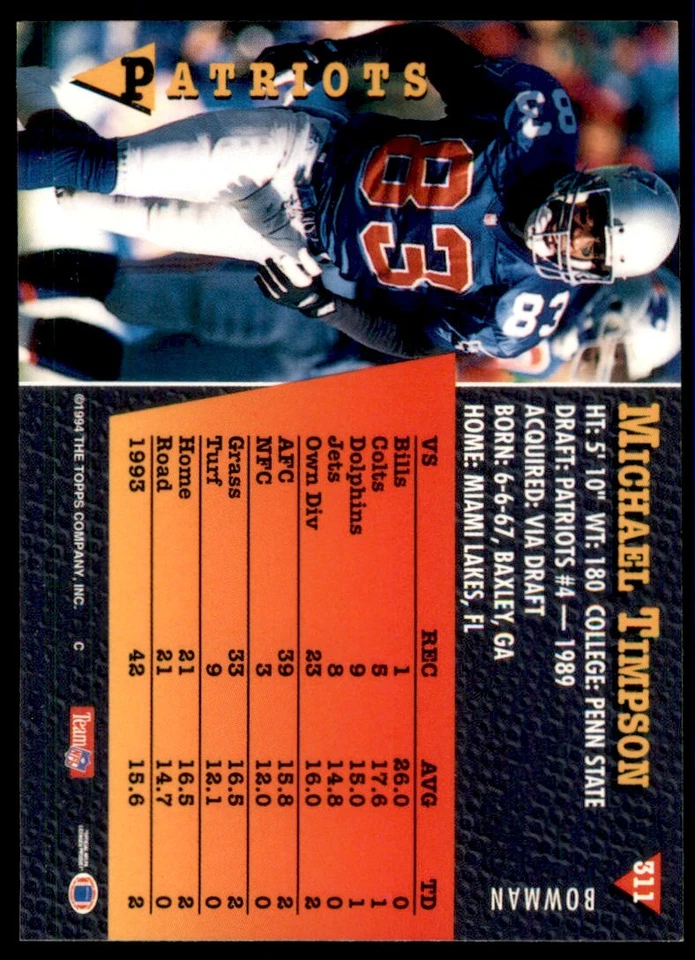 1994 Bowman Michael Timpson New England Patriots #311 - Image 2 of 2