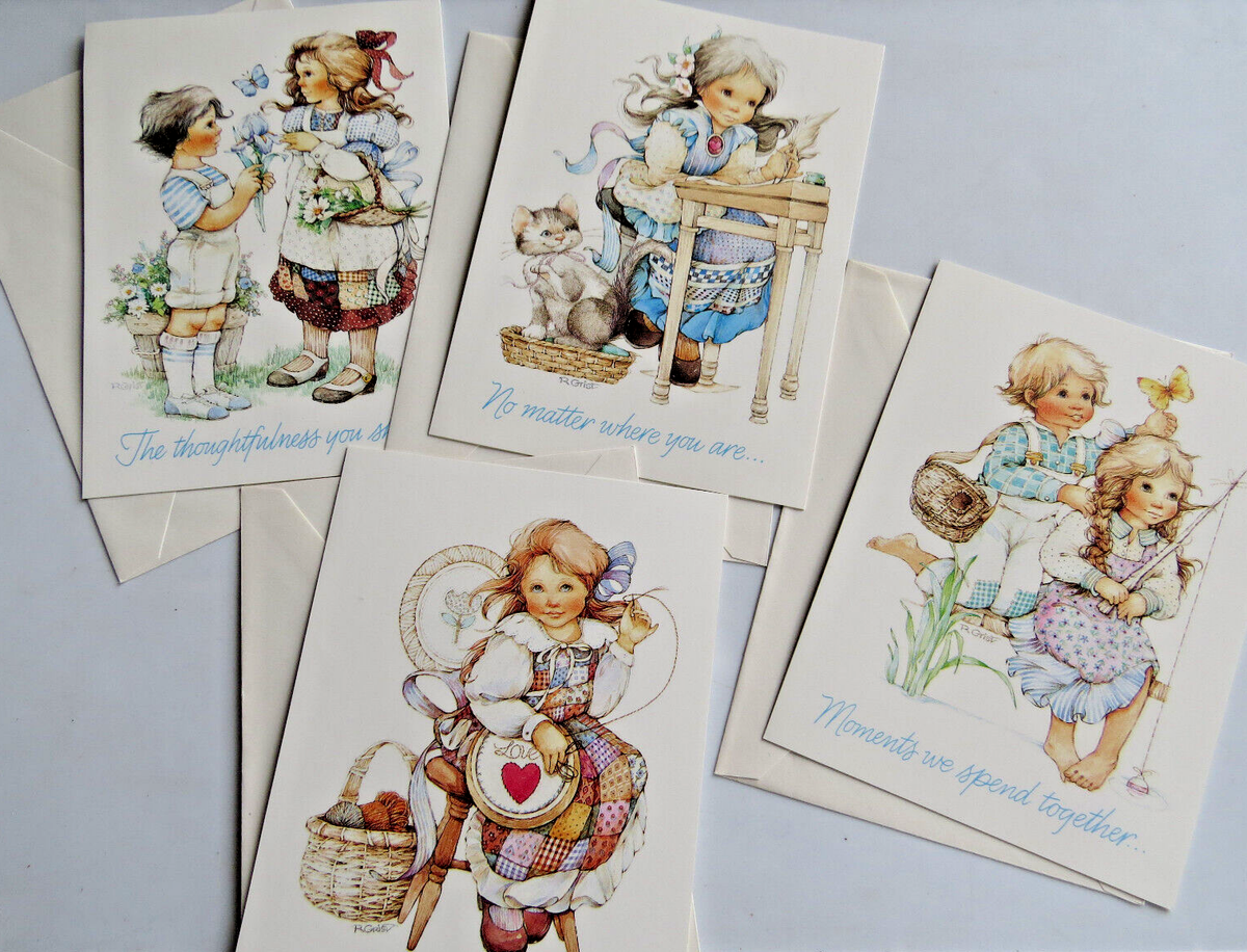 RARE Lot Vintage Current Greeting Cards ~ Set x4 Country Charm Girls  Pinafore