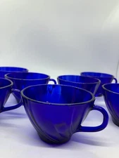 7 Cobalt Blue Glass Drualex  Vereco Rivage France Swirl Tea Cups Vintage