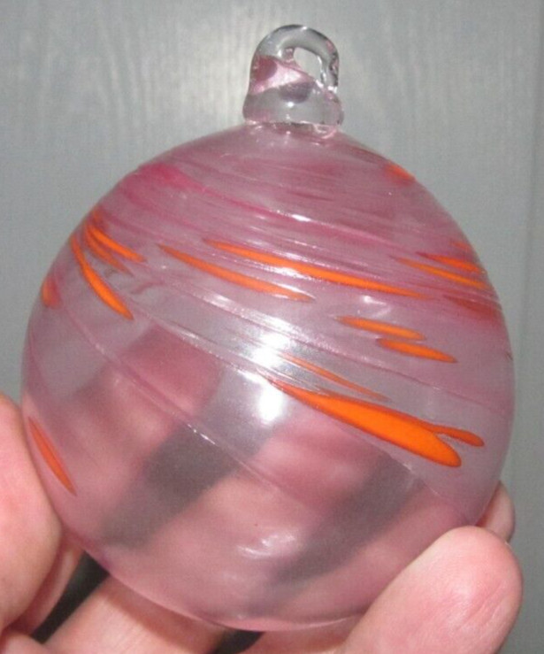 Artisan Hand Blown Swirl Iridescent Witches Ball Christmas Glass Ornament Pink