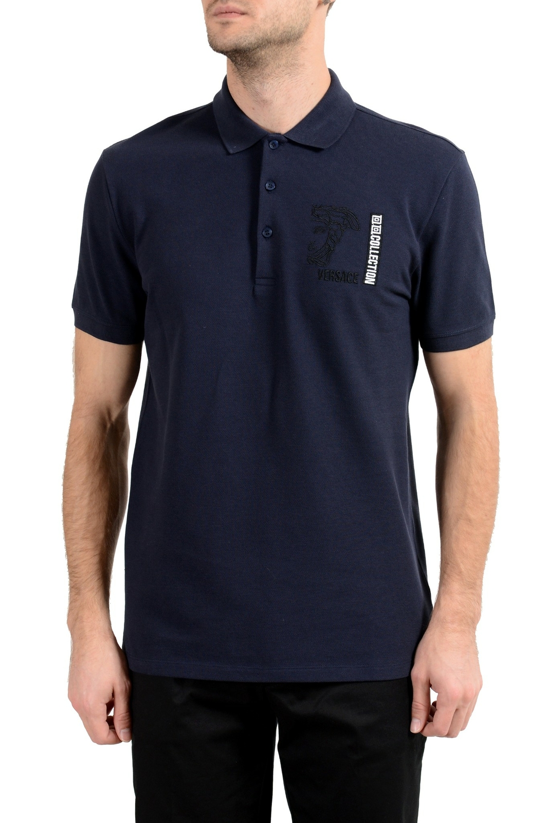 Мужская рубашка поло с коротким рукавом из коллекции Versace темно-синего цвета с логотипом