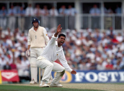Pakistan bowler Waqar Younis appealing for LBW against Englan- Old Cricket Photo