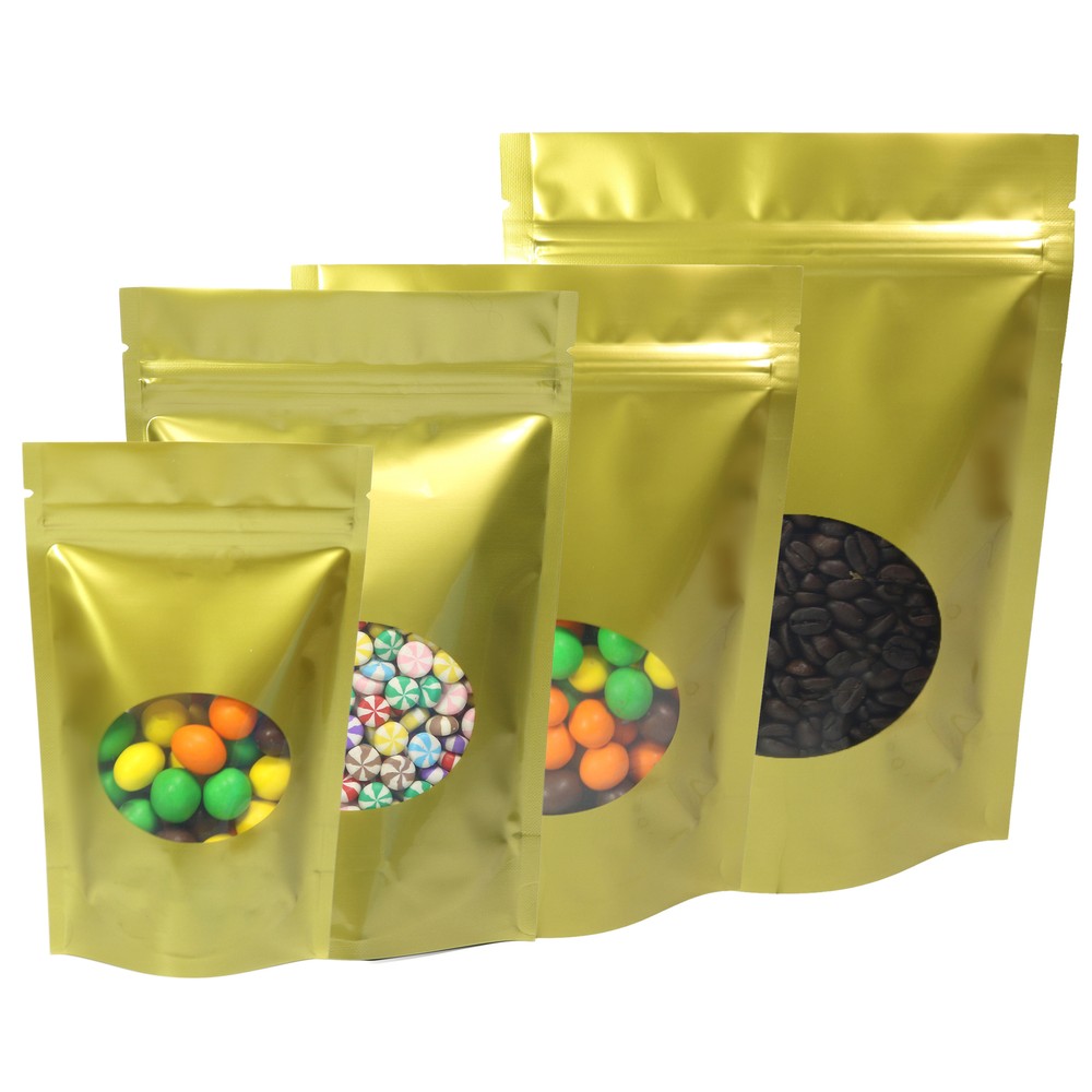 Gold Stand-Up Resealable Mylar Bags with Clear Window - Multiple Sizes