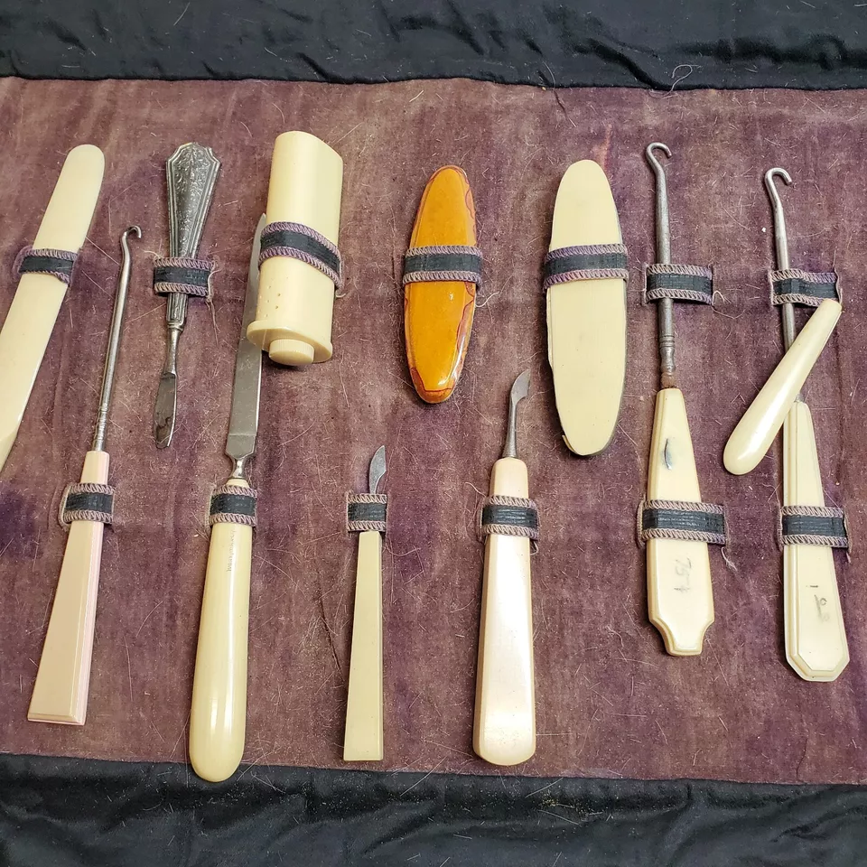 Antique Button Hook Clothing Manicure Tools Accessory Kit Roll Damaged - Image 3 of 4