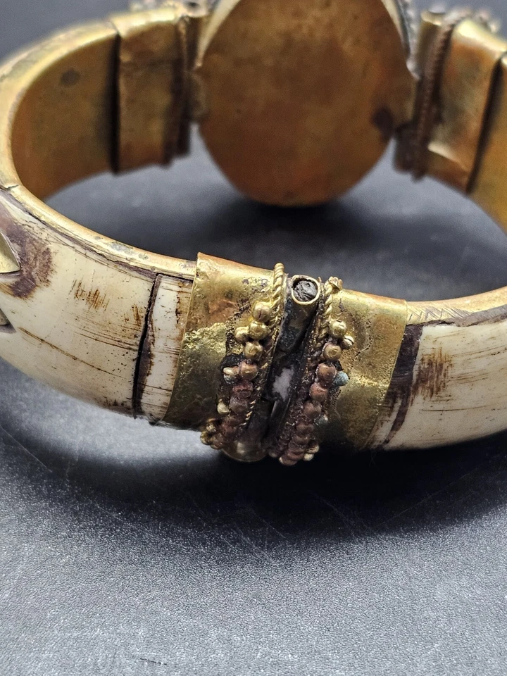 Vintage Bone & Brass Bracelet And Bangle Large Brown Agate Stone Tribal - Image 3 of 4