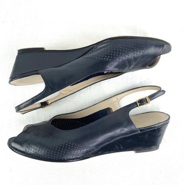 Ferragamo Womens 5M Navy Blue Leather Peep Toe Wedges Sling Back Italy h6 | eBay