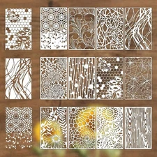 12Pcs Large Art Stencils for Crafts Reusable, Net Wood Grain Flower Painting ...
