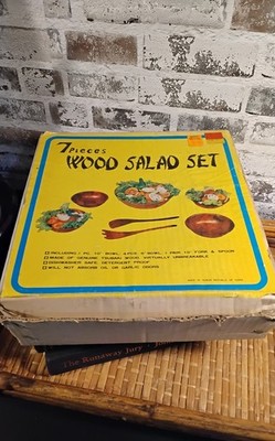 NOS Vintage Woven Tsubaki Wood 6 PC Salad Set Wood Bowls Spoon & Fork NEW 