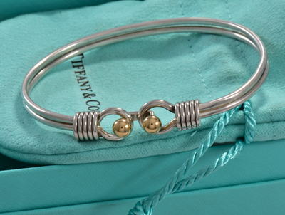 Tiffany & Co Silver 18K Gold Ball Coil Hook Bangle 6.75