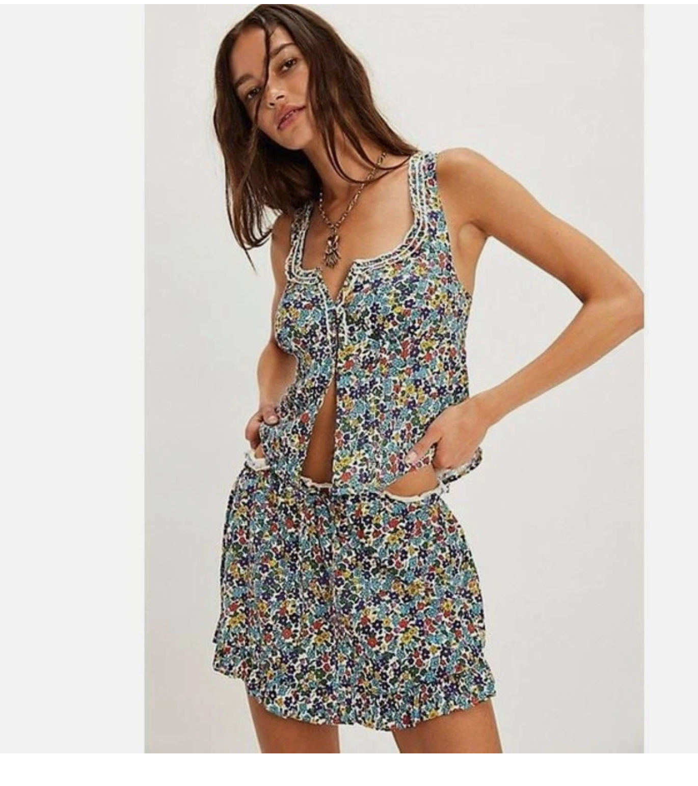 NEW $148 Free People Ellia Primary Floral Ellia Printed Smocked Ruffle Set 2pcs