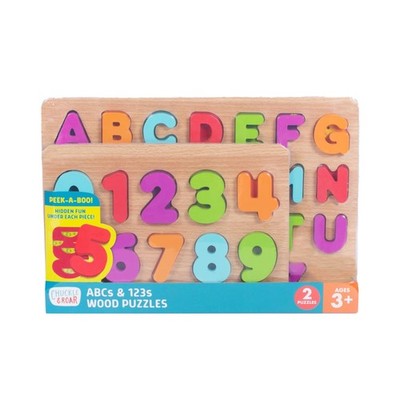 Chuckle & Roar - Wooden Puzzle ABC and 123 Theme 2 Pack - Peek a Boo Learning...