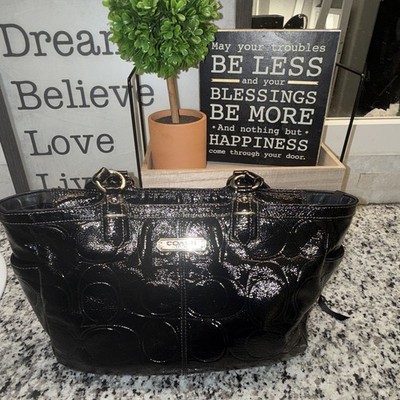 Coach Black Logo Patent Tote Zip Closure Detachable Strap Silver Hardware