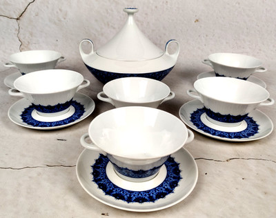 Hochwertiges Suppenservice Porzellan Hutschenreuther Weiß Blau Kobalt 6 Personen