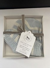 Pottery Barn Baby Sweet Stripe Hat  Bootie Set Blue  White Knit 3-6 Months NIP