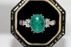 Vintage Circa 1990s 14k Gold Natural Diamond And Cabochon Emerald Decorated Ring