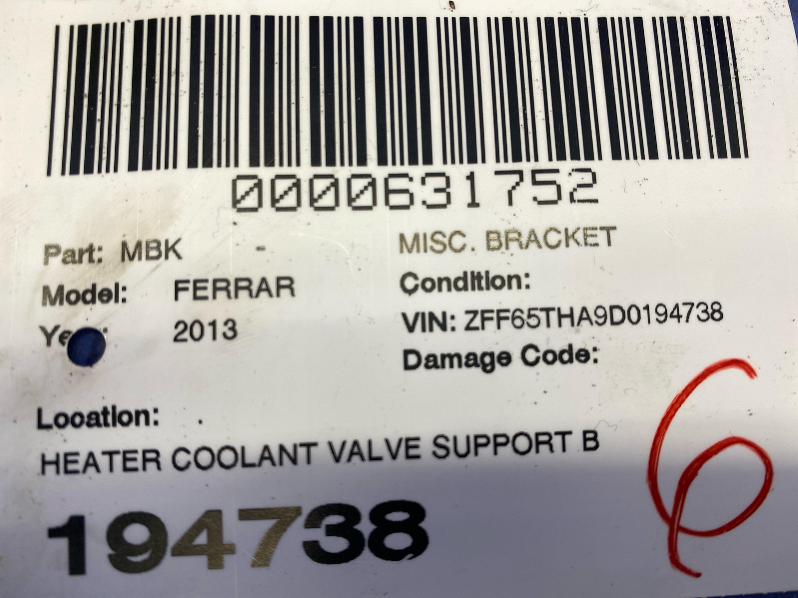 2008-2014 FERRARI CALIFORNIA HEATER COOLANT VALVE SUPPORT BRACKET 278753 OEM