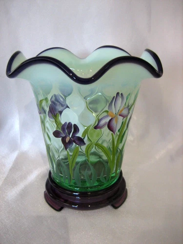 Fenton Designer Showcase Series Hand Painted Iris Vase with Stand USA