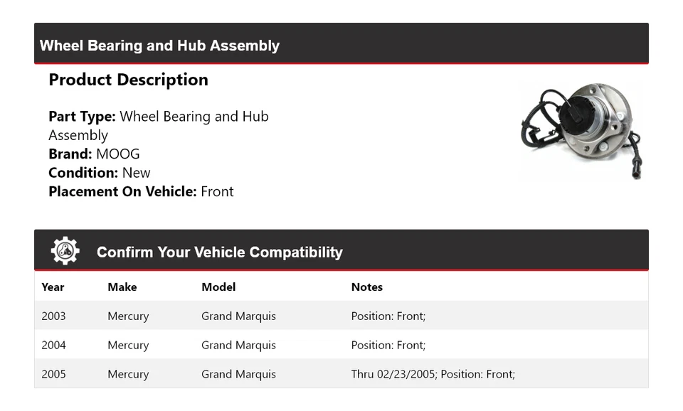 Conjunto de cojinete de rueda y buje delantero MOOG Mercury Grand Marquis 2003-2005 Foto 2 de 4