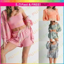 Women's 3 Piece Gym Fitness Jacket Tank Top Cotton Sleeveless Stretch Short Set