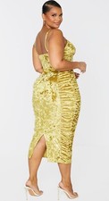 PrettyLittleThing Plus Chartreuse Textured Velvet Ruched Side Midi Dress Size M