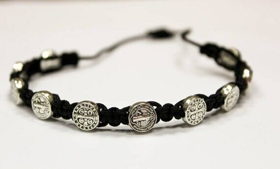 Heiliger Benedikt ✝️Silber Farbmedaille Kordel Armband In Schwarz