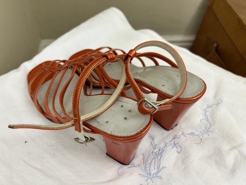 VINTAGE 1990s bright orange leather heeled strappy sandals 38 shoes open toe - Picture 5 of 20