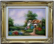 Framed Quality Hand Painted Oil Painting, Cottage Stream Landscape-5, 12x16in