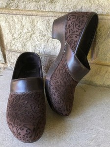 Dansko Prima Brown Floral Suede Leather Clogs Slip On Shoes Size