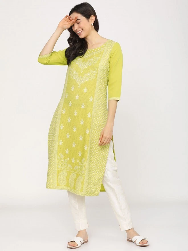 Indian Women Lime Green Ethnic Motifs Printed Kurta Top Tunic