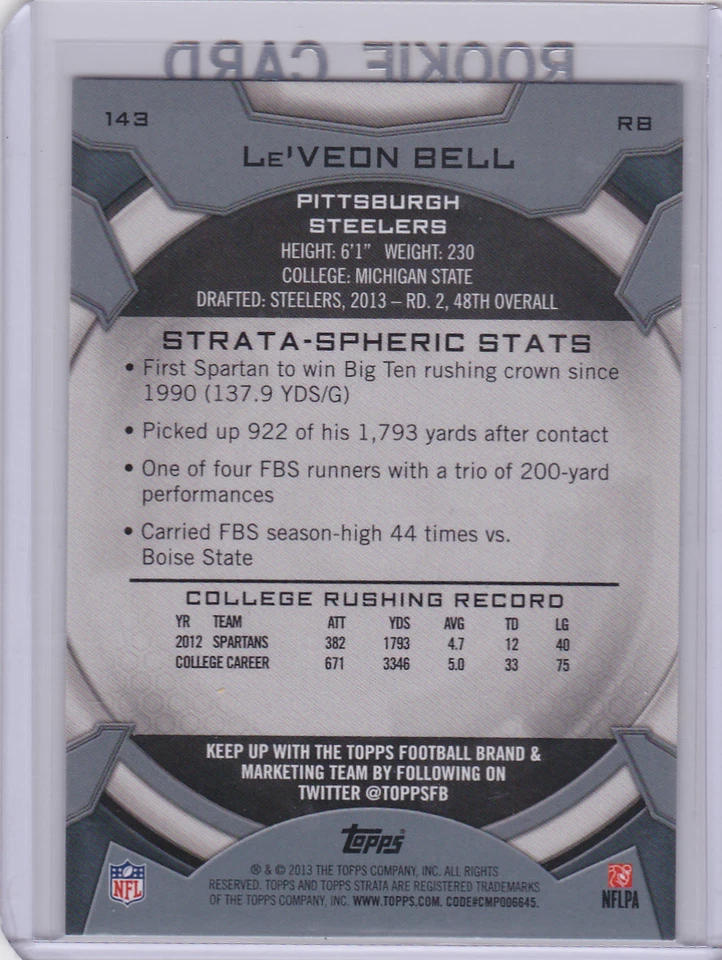 LE'VEON BELL ROOKIE CARD 2013 Topps Strata Football RC Pittburgh Steelers LEVEON - Image 2 of 2