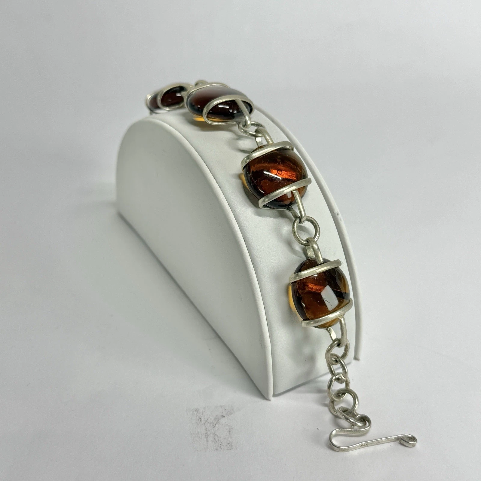 925 Sterling Silver Amber Glass Art Deco Vintage Bracelet Jewelry Br202