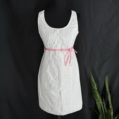 Vtg White Eyelet Maternity Dress S Cottage Prairie Dainty Tie Back 100% Cotton