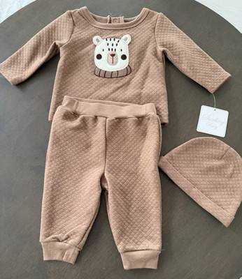New Sterling Baby boy girl Layette 3pc Set pants shirt hat bear brown size 6M