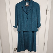 R&M Richards 2PC Office Dress Suit Size 14 Teal Green Floral Made in USA