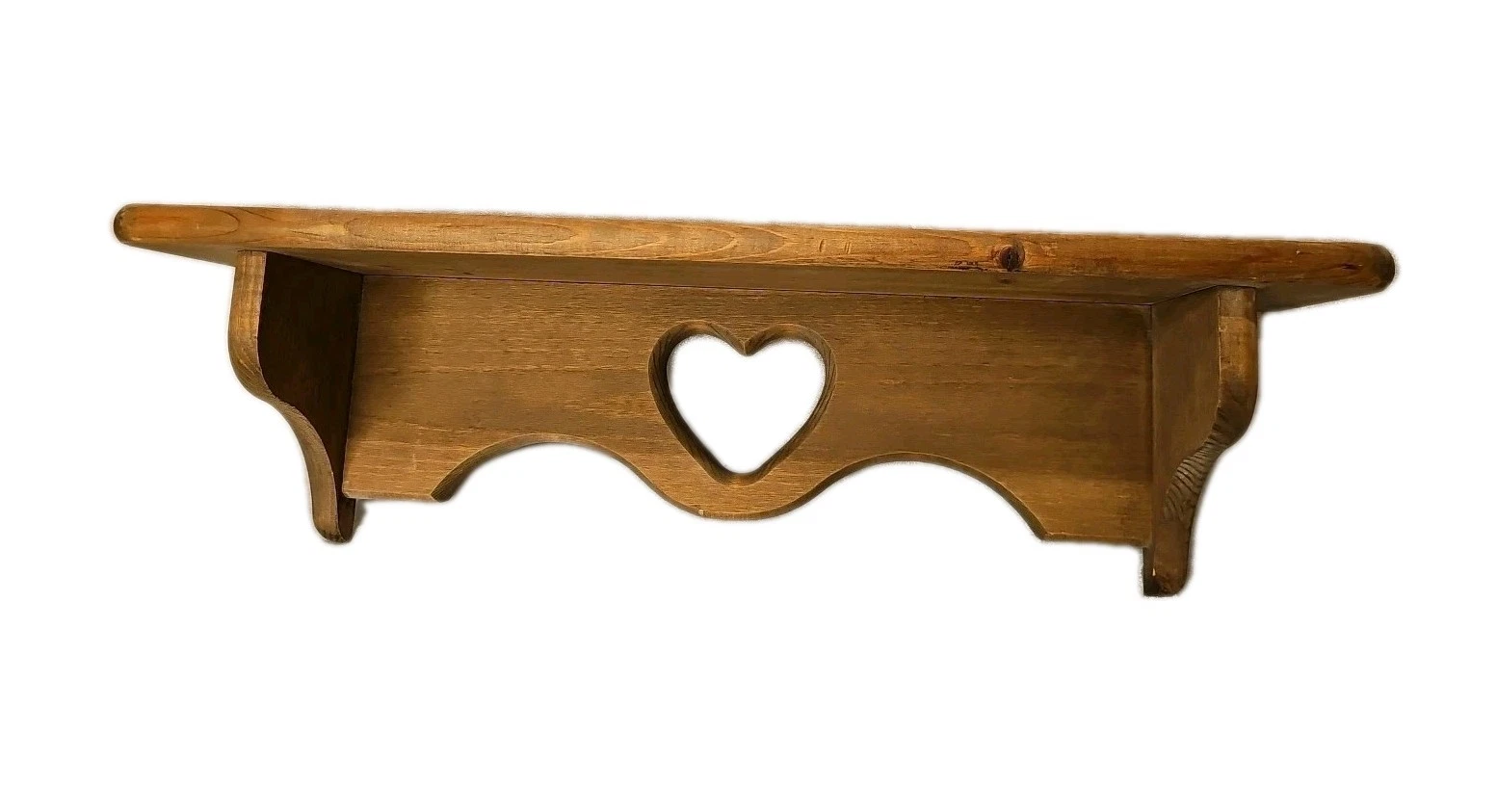 Vtg Wall Shelf 24" Solid Pine Wood Plate Rail Heart Cutout Rustic Farmhouse
