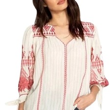 Johnny Was Josiane Tie Sleeve Boho Top Pinstripe Embroidered Sz L Cotton Peasant