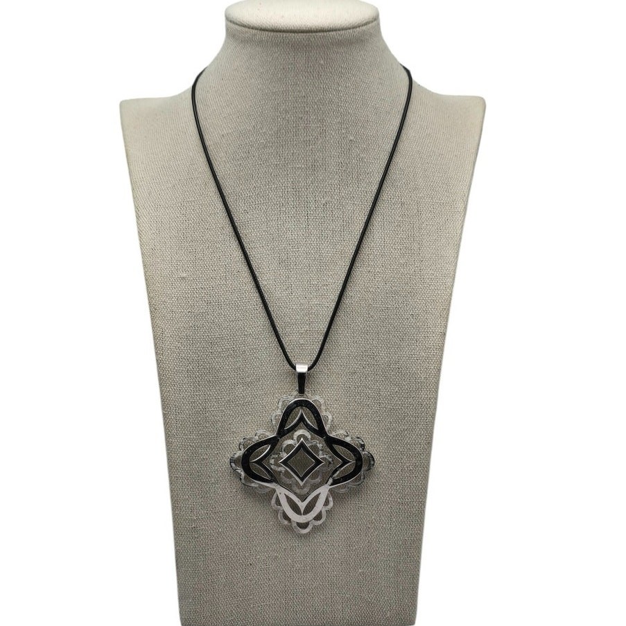 Geometric Silver & Black Enamel Statement Pendant… - image 6