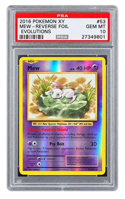 2016 Pokemon TCG Evolutions XY Mew Reverse Holo Foil Rare PSA Gem 10 #53/108