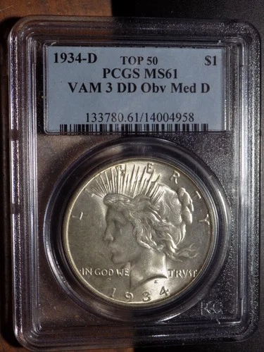 1934-D Peace Silver Dollar - PCGS MS61 - Top 50 VAM 3 DD Obv Medium D