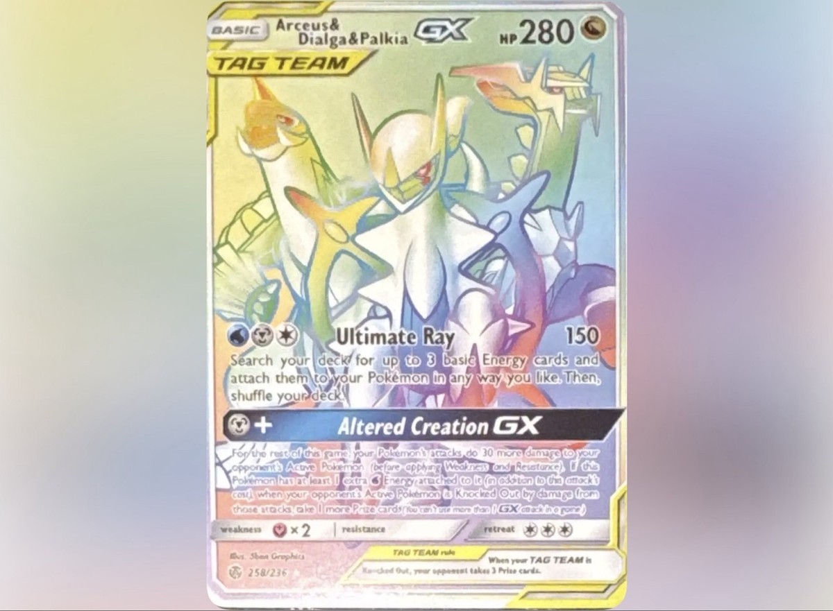 Pokemon Arceus Dialga Palkia GX TAG Rainbow Holo 258/236 Cosmic