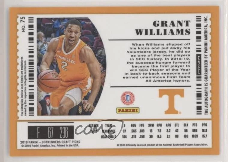 2019 Panini Contenders Draft Picks Optic Prizm Grant Williams #75 Rookie Auto RC - Image 2 of 2