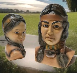 2 Native American Head Busts Hand Painted Ceramic Two Women